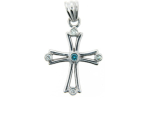 Blue and white diamond cross pendant in white gold.
