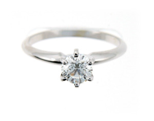 Brilliant cut solitaire diamond engagement ring in white gold.