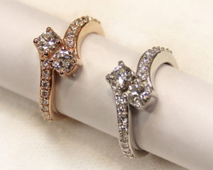 "Forever Us" two-stone diamond rings in white and rose gold.