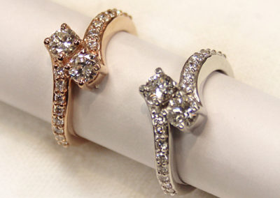 "Forever Us" two-stone diamond rings in white and rose gold.
