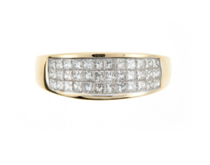 Invisible set diamond anniversary band in yellow gold.