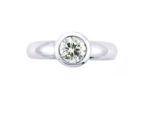 Bezel set diamond solitaire ring in white gold.