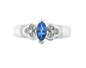Marquise cut tanzanite and diamond ring in white gold.