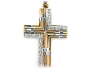 Men's diamond cross pendant in yellow and white gold.