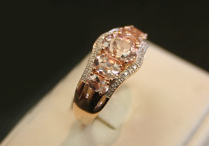 Morganite and diamond ring in yellow gold.