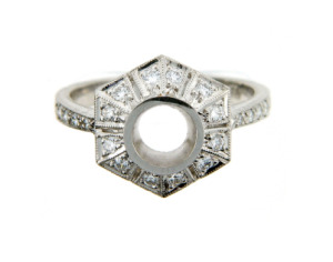 Round antique style engagement ring setting in white gold.